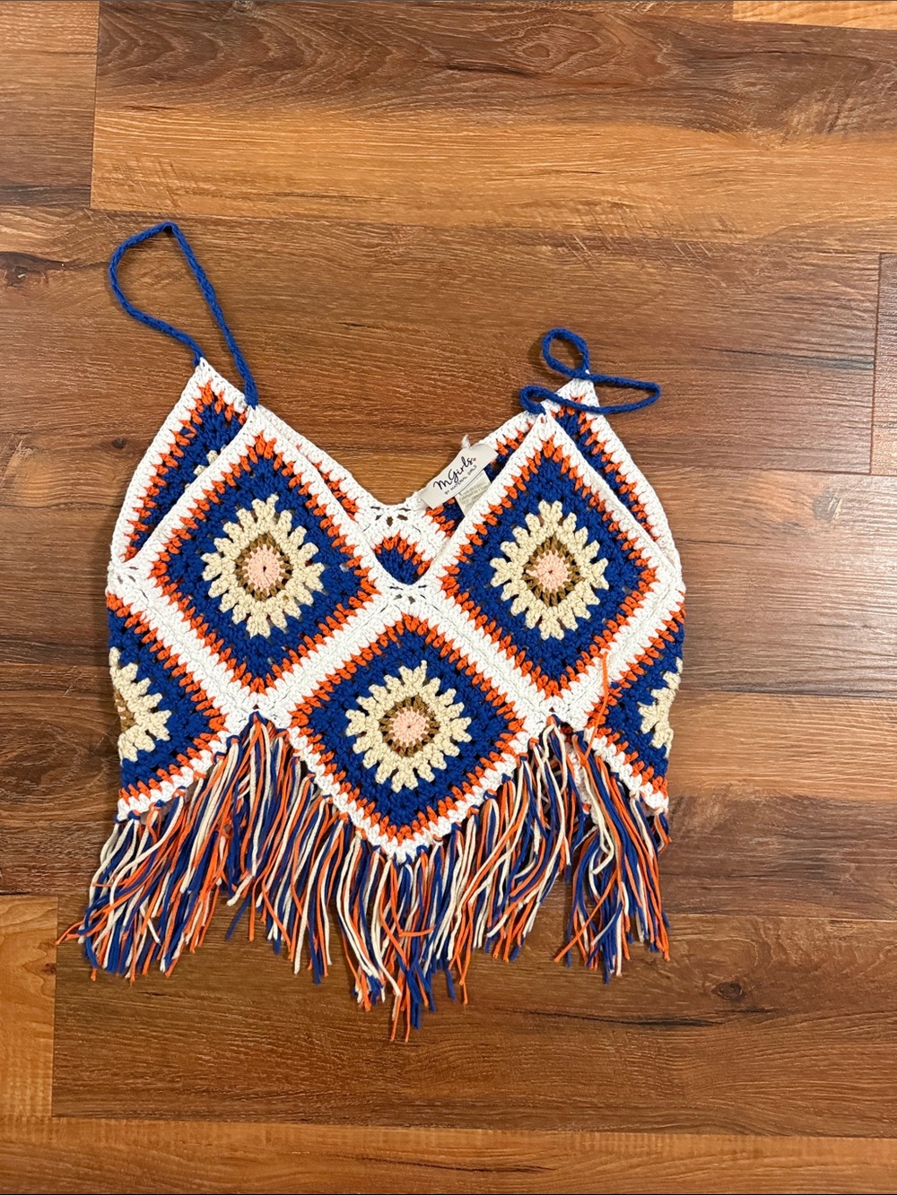 Crochet Fringe Crop Top in Blue, White & Orange
